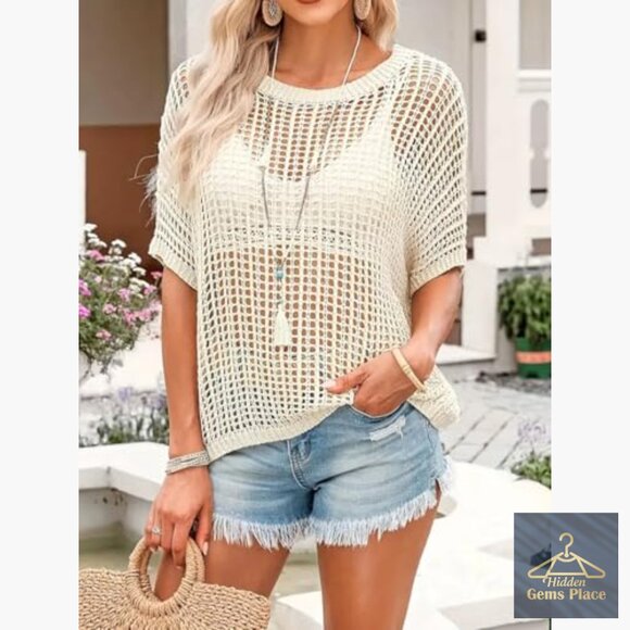 Short Sleeve Crochet Sweater Beach Cover Up Off Shoulder Loose Knit Top - Picture 3 of 7